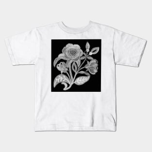 embroidery image with fabric and threads forming a stylized black and white flower branch Kids T-Shirt